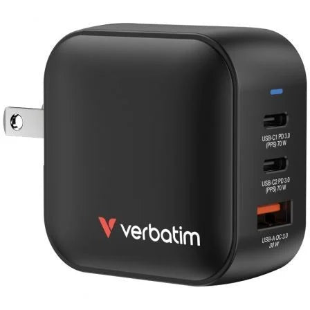 Cargador de Pared Universal GaN Verbatim Mini GaN Wall Charger/ 2xUSB Tipo-C/ 1xUSB/ 70W