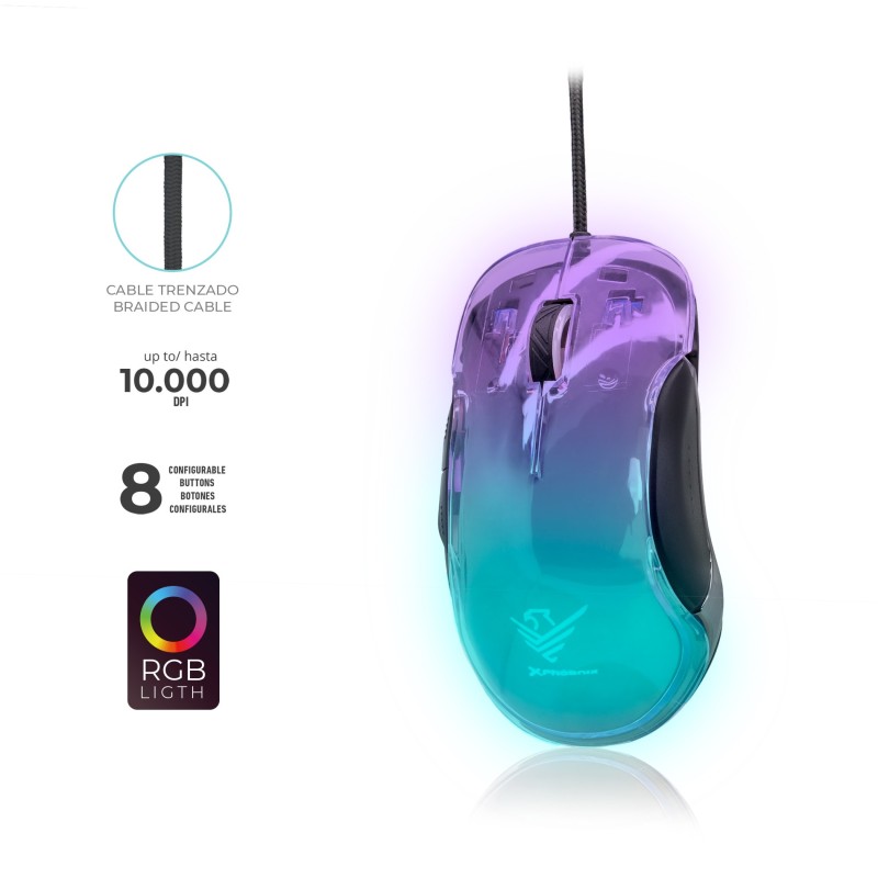 Ratón Gaming Hasta 10000 DPI, Click HUANO, Carcasa RGB Transparente, Botones Configurables