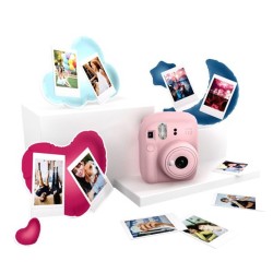 KIT CAMARA FUJIFILM MINI INSTAX 12 COLOR ROSA PASTEL + PAPEL 10 FOTOS + 3 PORTARA RETRATOS